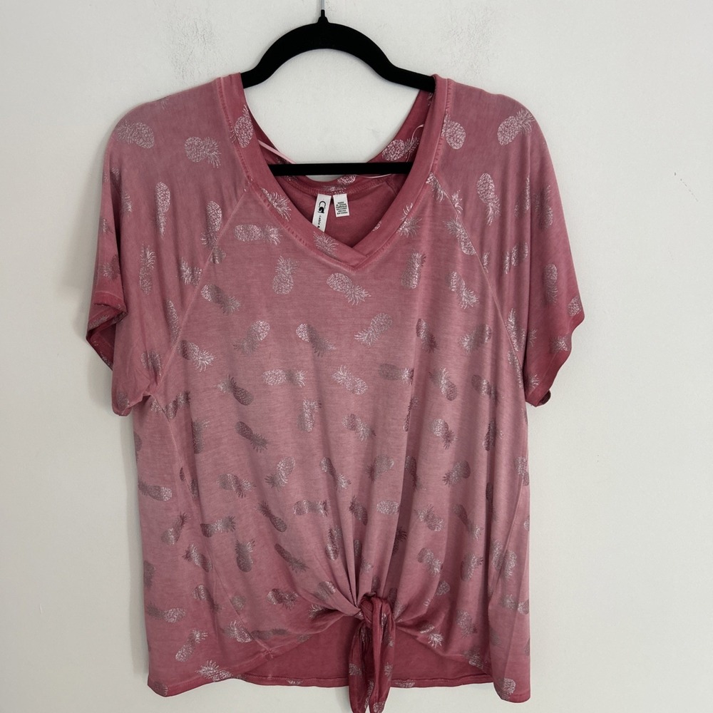 Cable & Gauge V-Neck Short Sleeve Front Tie Pink Silver Pineapple Sz M Blouse